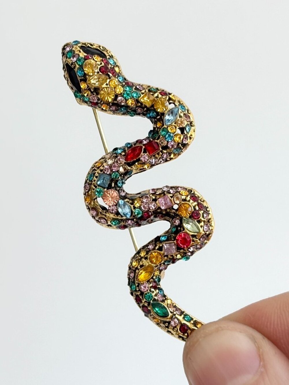 Rainbow Snake Serpent Gold Toned Rhinestone Vintage Inspired Brooch Pin
